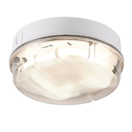 KNIGHTSBRIDGE IP65 28W HF ROUND POLYCARBONATE BULKHEAD WITH PRISMATIC WHITE DIFFUSER