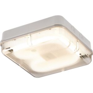 KNIGHTSBRIDGE IP65 28W HF SQUARE EMERGENCY BULKHEAD WITH PRISMATIC DIFFUSER AND WHITE BASE