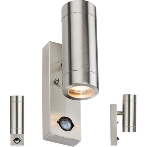 KNIGHTSBRIDGE 230V IP44 2 X GU10 STAINLESS STEEL UP/DOWN WALL LIGHT WITH PIR