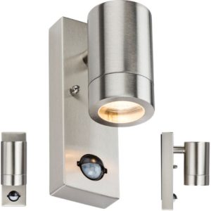 KNIGHTSBRIDGE 230V IP44 GU10 STAINLESS STEEL WALL LIGHT WITH PIR