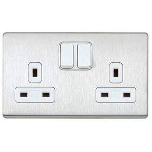 MK ASPIRE 13A 2G SOCKET BRUSHED STAINLESS STEEL WHITE INSERTS