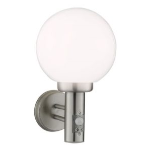 KNIGHTSBRIDGE IP44 230V E27 60W STAINLESS STEEL WALL GLOBE WITH PIR SENSOR