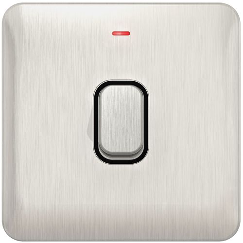 SCHNEIDER LISSE SCREWLESS BRUSHED CHROME 20A DP SWITCH + NEON BLACK INSERT