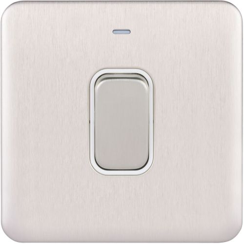SCHNEIDER LISSE SCREWLESS BRUSHED CHROME 1G 45A DP SWITCH WHITE INSERT