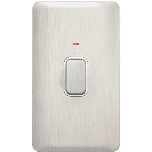 SCHNEIDER LISSE SCREWLESS BRUSHED CHROME 2G 45A DP SWITCH WHITE INSERT