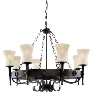 SEARCHLIGHT CARTWHEEL 8LT CEILING PENDANT - BLACK IRON & SANDED GLASS