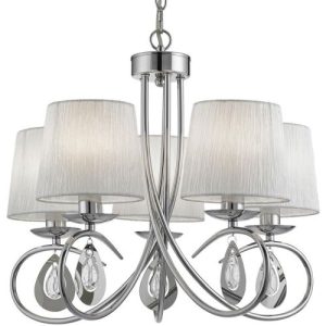 SEARCHLIGHT ANGELIQUE 5LT CEILING PENDANT - CHROME, GLASS & WHITE SHADES