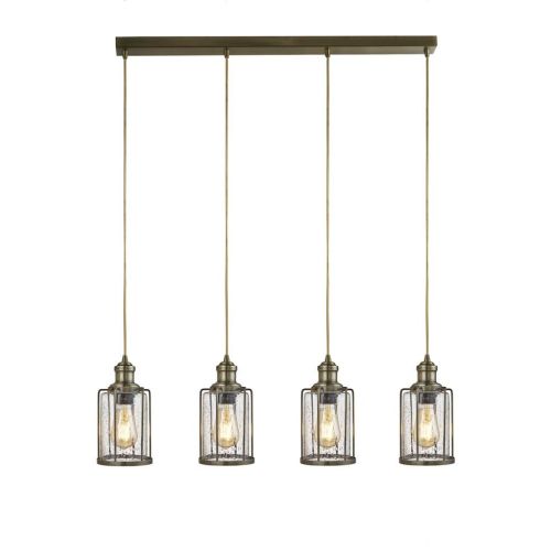 SEARCHLIGHT PIPES 4LT BAR PENDANT LIGHT - ANTIQUE BRASS & SEEDED GLASS