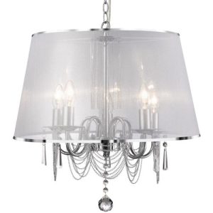 SEARCHLIGHT VENETIAN 5LT PENDANT - CHROME, VOILE SHADE & CRYSTAL GLASS