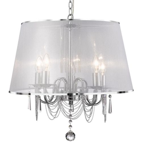SEARCHLIGHT VENETIAN 5LT PENDANT - CHROME, VOILE SHADE & CRYSTAL GLASS