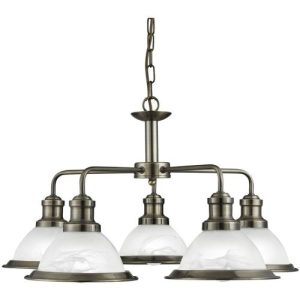 SEARCHLIGHT BISTRO 5LT CEILING PENDANT - ANTIQUE BRASS & GLASS
