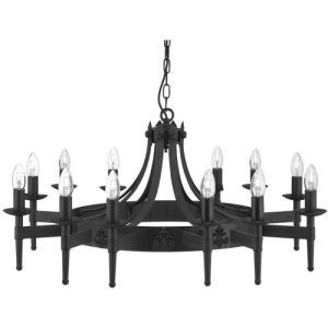 SEARCHLIGHT CARTWHEEL II 12LT CEILING PENDANT- BLACK IRON & SANDED GLASS