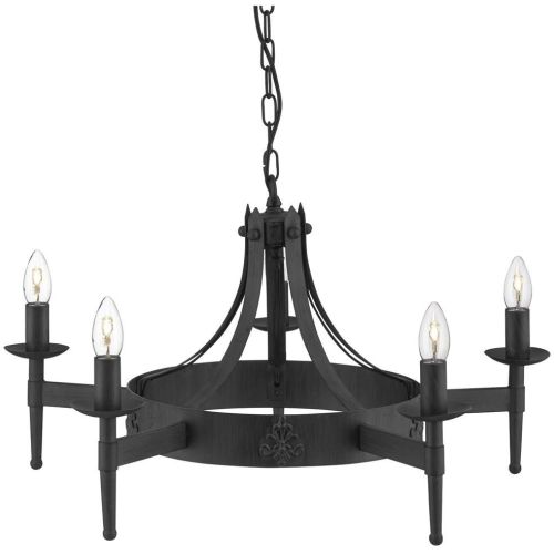 SEARCHLIGHT CARTWHEEL II 5LT CEILING PENDANT - BLACK IRON & SANDED GLASS