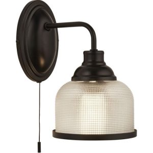SEARCHLIGHT HIGHWORTH WALL LIGHT- MATT BLACK METAL,HOLOPHANE STYLE GLASS