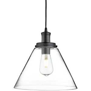 SEARCHLIGHT PYRAMID CEILING PENDANT - BLACK METAL & CLEAR GLASS SHADE