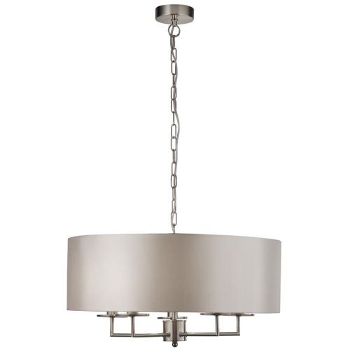 SEARCHLIGHT KNIGHTSBRIDGE 5LT PENDANT - SATIN SILVER, FAUX SILK SHADE