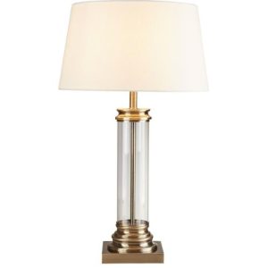 SEARCHLIGHT PEDESTAL TABLE LAMP - GLASS, ANTIQUE BRASS & CREAM SHADE