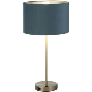 SEARCHLIGHT FINN TABLE LAMP - SATIN NICKEL METAL & TEAL VELVET SHADE