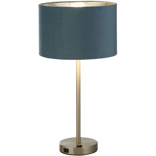 SEARCHLIGHT FINN TABLE LAMP - SATIN NICKEL METAL & TEAL VELVET SHADE
