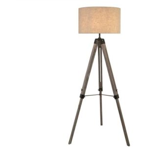 SEARCHLIGHT EASEL FLOOR LAMP, WASHED  BROWN BASE, LINEN DRUM SHADE