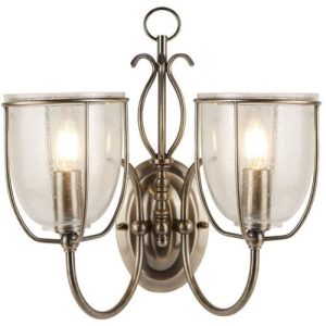 SEARCHLIGHT SILHOUETTE 2LT WALL LIGHT - ANTIQUE BRASS & SEEDED GLASS