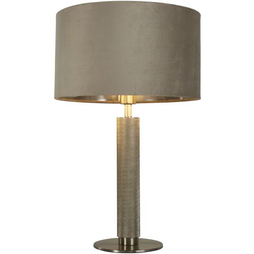 SEARCHLIGHT LONDON TABLE LAMP- KNURLED SATIN SILVER & TAUPE VELVET SHADE