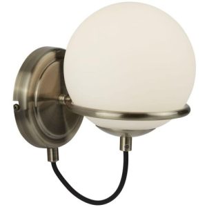 SEARCHLIGHT SPHERE WALL LIGHT - ANTIQUE BRASS WITH OPAL GLASS SHADE