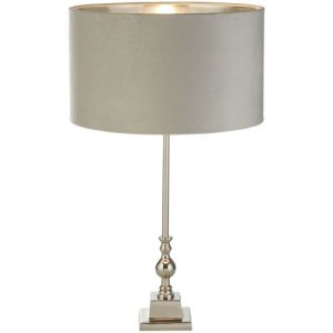 SEARCHLIGHT WHITBY TABLE LAMP - CHROME METAL & LIGHT GREY VELVET SHADE