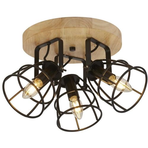 SEARCHLIGHT VISION 3LT ROUND CEILING LIGHT - MATT BLACK METAL & WOOD