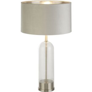 SEARCHLIGHT OXFORD TABLE LAMP - GLASS, SATIN NICKEL & GREY VELVET SHADE