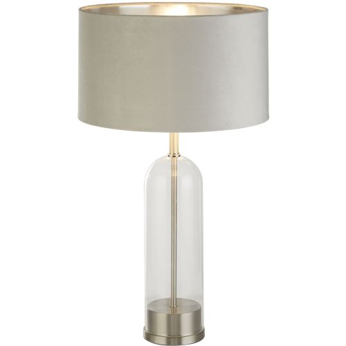 SEARCHLIGHT OXFORD TABLE LAMP - GLASS, SATIN NICKEL & GREY VELVET SHADE