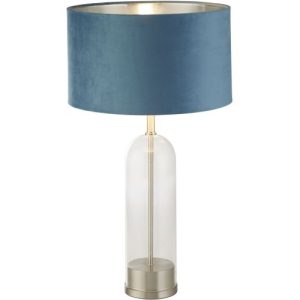 SEARCHLIGHT OXFORD TABLE LAMP - GLASS, SATIN NICKEL & TEAL VELVET SHADE
