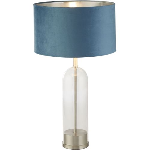 SEARCHLIGHT OXFORD TABLE LAMP - GLASS, SATIN NICKEL & TEAL VELVET SHADE