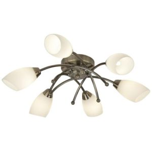 SEARCHLIGHT OPERA 6LT FLUSH CEILING LIGHT -ANTIQUE BRASS & OPAL GLASS