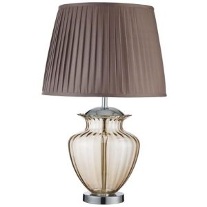 SEARCHLIGHT ELINA TABLE LAMP - AMBER GLASS, CHROME, BROWN PLEATED SHADE