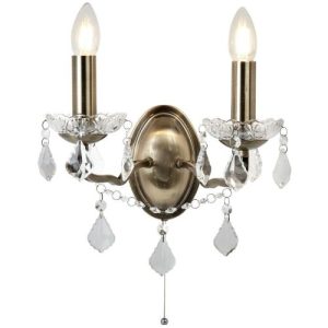 SEARCHLIGHT PARIS 2LT WALL LIGHT - ANTIQUE BRASS, CLEAR CRYSTAL DROPS