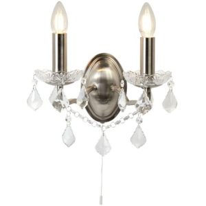 SEARCHLIGHT PARIS 2LT WALL LIGHT - SATIN SILVER & CLEAR CRYSTAL DROPS