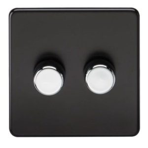 KNIGHTSBRIDGE SCREWLESS 2G 2-WAY 10-200W (5-150W LED) TRAILING EDGE DIMMER - MATT BLACK WITH CHROME KNOBS