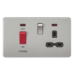 KNIGHTSBRIDGE SCREWLESS 45A DP SWITCH AND 13A SWITCHED SOCKET WITH NEONS - BRUSHED CHROME WITH BLACK INSERT