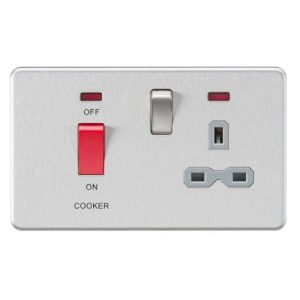 KNIGHTSBRIDGE SCREWLESS 45A DP SWITCH AND 13A SWITCHED SOCKET WITH NEONS - BRUSHED CHROME WITH GREY INSERT