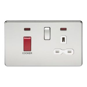KNIGHTSBRIDGE SCREWLESS 45A DP SWITCH AND 13A SWITCHED SOCKET WITH NEONS - POLISHED CHROME WITH WHITE INSERT