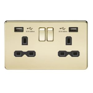 KNIGHTSBRIDGE 13A 2G SWITCHED SOCKET WITH DUAL USB CHARGER A + A (2.4A) - POLISHED BRASS WITH BLACK INSERT