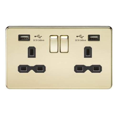 KNIGHTSBRIDGE 13A 2G SWITCHED SOCKET WITH DUAL USB CHARGER A + A (2.4A) - POLISHED BRASS WITH BLACK INSERT