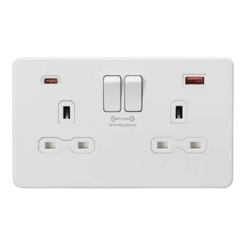 KNIGHTSBRIDGE 13A 2G DP SWITCHED SOCKET WITH DUAL USB CHARGER A + C (FASTCHARGE) - MATT WHITE