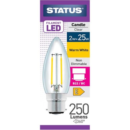 STATUS LED FILAMENT CANDLE 2W=25W BC CLEAR W/W