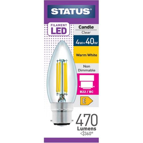 STATUS LED FILAMENT CANDLE 4.5W=40W BC CLEAR W/W