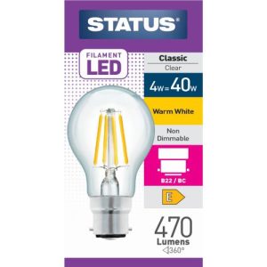 STATUS LED FILAMENT GLS 4W=40W BC CLEAR W/W