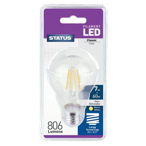 STATUS LED FILAMENT GLS 7W=60W ES CLEAR WARM WHITE CLAM