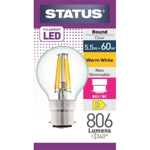 STATUS LED FILAMENT GOLF 5.5W=60W BC CLEAR W/W