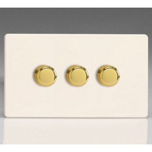 VARILIGHT PRIMED WHITE SCREWLESS 3G 2W LED DIMMER BRASS KNOBS